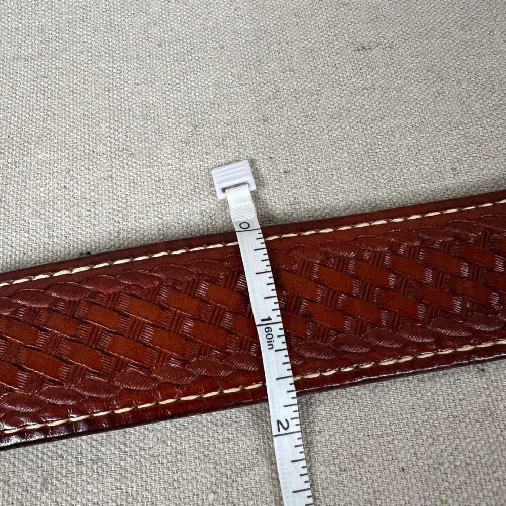 Cabelas Mens 32 Brown Basketweave Tooled Leather Belt Solid Brass Buckle Western